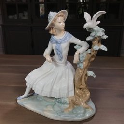 Lovely Large Vintage LLADRO / NAO Girl Siting Watching Bird Dove On Tree A27 - Retired - Made In Spain