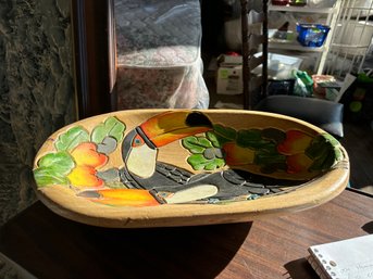 Carved Colorful Wooden Bowl With Tucans