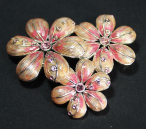 VINTAGE ENAMEL AND RHINESTONE PINK FLORAL BROOCH