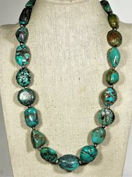 Fine Genuine Turquoise Beaded Necklace Having Sterling Silver 20' Long