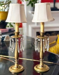 Early 20th Century Solid Brass Candlestick Lamps.  Cut Crystal.  With Silk Shades