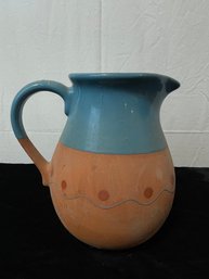 Southwest Style Terracotta Pitcher With Teal Blue Drip Glaze
