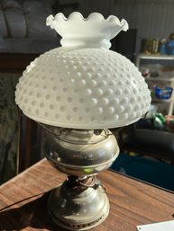 Chrome?  Hurricane Lamp With Milk Glass Hob Nail Shade