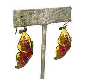 Vintage Enamel And Red Stone Butterfly Pierced Earrings