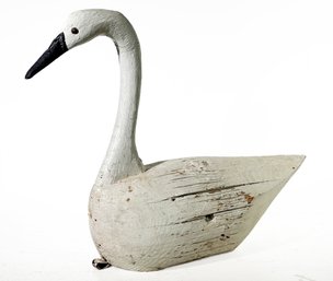 An Antique Carved Wood Swan Decoy, Marked S & F On Base