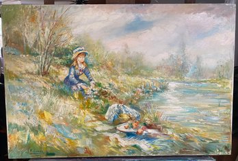 Oil On Canvas Impressionist Style Of Girl Having Picnic By River K. Leone