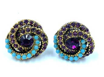 Vintage Amethyst & Robins Egg Blue Colored Stoned Button Style Earrings