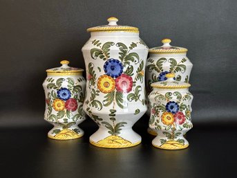 A Beautiful Set Of Glazed Terracotta Canisters Made In Italy