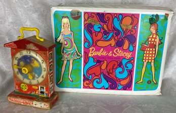 Barbie Case With Clothes And A Few Barbies And Fisher Price Teaching Clock