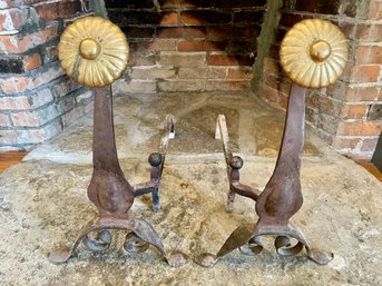 Unique Wrought Iron And Brass Andirons