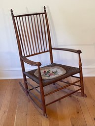 Antique Shaker Rocking Chair With Thatch Rush Seat And Needlepoint Seat Pad