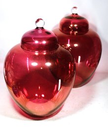 Cranberry Glass Lidded Large Decorative Jars