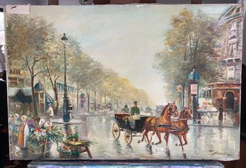 Oil On Canvas Street Scene Horse And Wagon Signed Lower Right