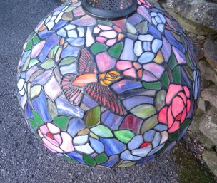Vintage Tiffany Style Stained Glass Hummingbird Floral Design Hanging Swag Light