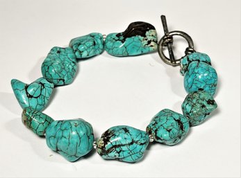 Contemporary Treated Turquoise Stone Bracelet Silver Tone Clasp