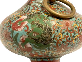 Bulbous Asian Cloisonn Vase With 2 Inch  Brass Ring Handles & Stunning Designs