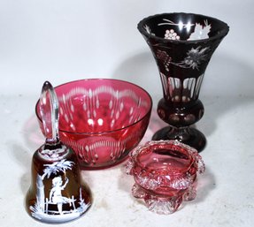 Cranberry And Ruby Glass Lot Cut Glass Vase, Finger Bowl, Salt And Dinner Bell