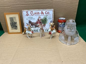 S. Claus Christmas Tree Sign, Vintage Reindeer, Antique Merry Christmas Engraving And Crystal Glass Santa.