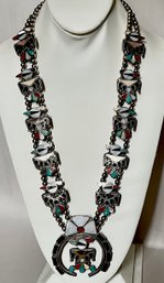 Native American Zuni Sterling Silver Thunderbird Squash Blossom Necklace