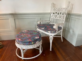 Antique Whicker Arm Chair And Ottoman.