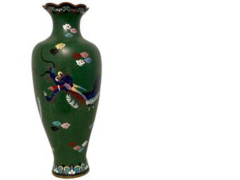 8 1/2 Inch Deep Green Cloisonne Vase With Scalloped Edge & Beautiful Blue Dragon & Flowers