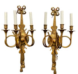 Pair (2) Of Bow And Tassle 3 Arm Sconces