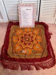 Footprints Prayer In Spanish On Lacquered Wood And Virgin Wool, Hand Screen Printed Red Fringed Scarf (Japan)