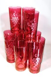 11 Vintage Cranberry Flashed Tumblers Having Grape Design