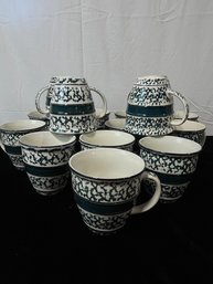 Set Of Tienshan Country Crock Green Band Sponge Oversized Coffee Cup Mugs