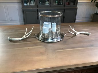 Fabulous Large Glass Centerpiece With Antlers Accent Pieces With Battery Candles - Very Pretty Pieces !