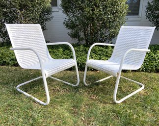 Pair Of Post Modernist Steel Weave Outdoor Lounge Chairs