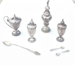 800 Silver Salt Shaker With Cherub And Long Spoon & Three Ellis & Barker Silver Plate Pieces