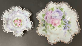 Vintage White Glass W/ Clear Ruffled Edge Bowls - Hand Painted Roses Ribbons Lavender Pink - 6 & 8 In Diameter