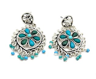 Vintage Artisan Turquoise Color Beaded Flower Earrings