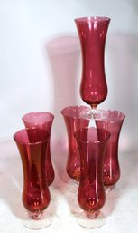 Six Vintage Cranberry Flashed Footed Vases Or Glasses