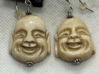 Vintage Sterling Silver Carved Ox Bone Laughing Buddha Earrings