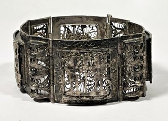 Antique Sterling Silver Panel Link Bracelet Depicting Egyptian Scenes 7 1/2' Long