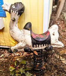 A Vintage Fiberglass Hobby Horse Ride For Kids - Needs Repainting - But It Is Out Of The Ground!