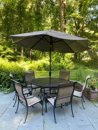 A Set Of Cast Aluminum Round Table Six Chairs Umbrella With Stand