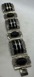 Huge Vintage Mexican Sterling Silver Onyx Aztec Warrior Panel Bracelet