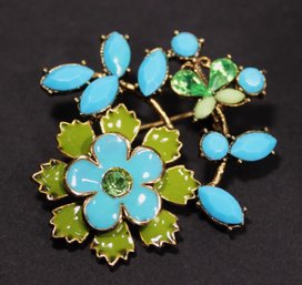 VINTAGE GOLD TONE TURQUOISE AND GREEN COLORED FLORAL BROOCH