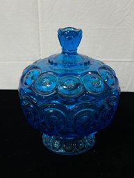 Vintage L E Smith Turquoise Blue Moon Stars Lidded Pedestal Candy Compote Dish