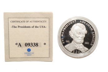 .999 Silver Proof Coin Abraham Lincoln 2000 Liberia $20 Coin With COA - 20 Grams