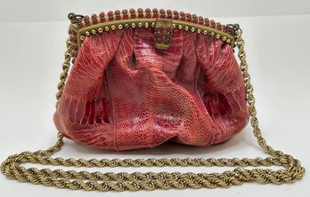 Grace Ann Agostino Red Ostrich Handbag, Antique Brass Frame & Red Cut Glass Stones  (Appraised For $950)