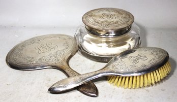 Fine Large Sterling Silver Cut Glass Dresser Jar, Mirror And Brush (jar Is Badly Cracked)