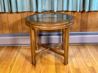 A Vintage Round Side Table In Pecan With Glass Top By Drexel Heritage