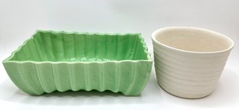 Mid Century Green Ribbed Cookson Glazed Green Planter & White Stoneware Planter