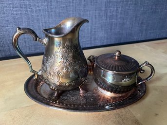 Silvered Sugar And Creamer With Underplate