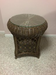 Vintage Rattan Bamboo Side Table With Glass Top