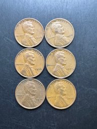 6 Wheat Pennies 1930, 1934, 1935, 1937, 1938, 1939